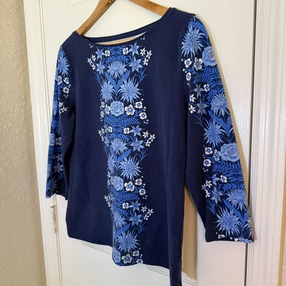 Talbots Floral Blue Three Fourth Cotton Women's Top Large Petite - Picture 2 of 6